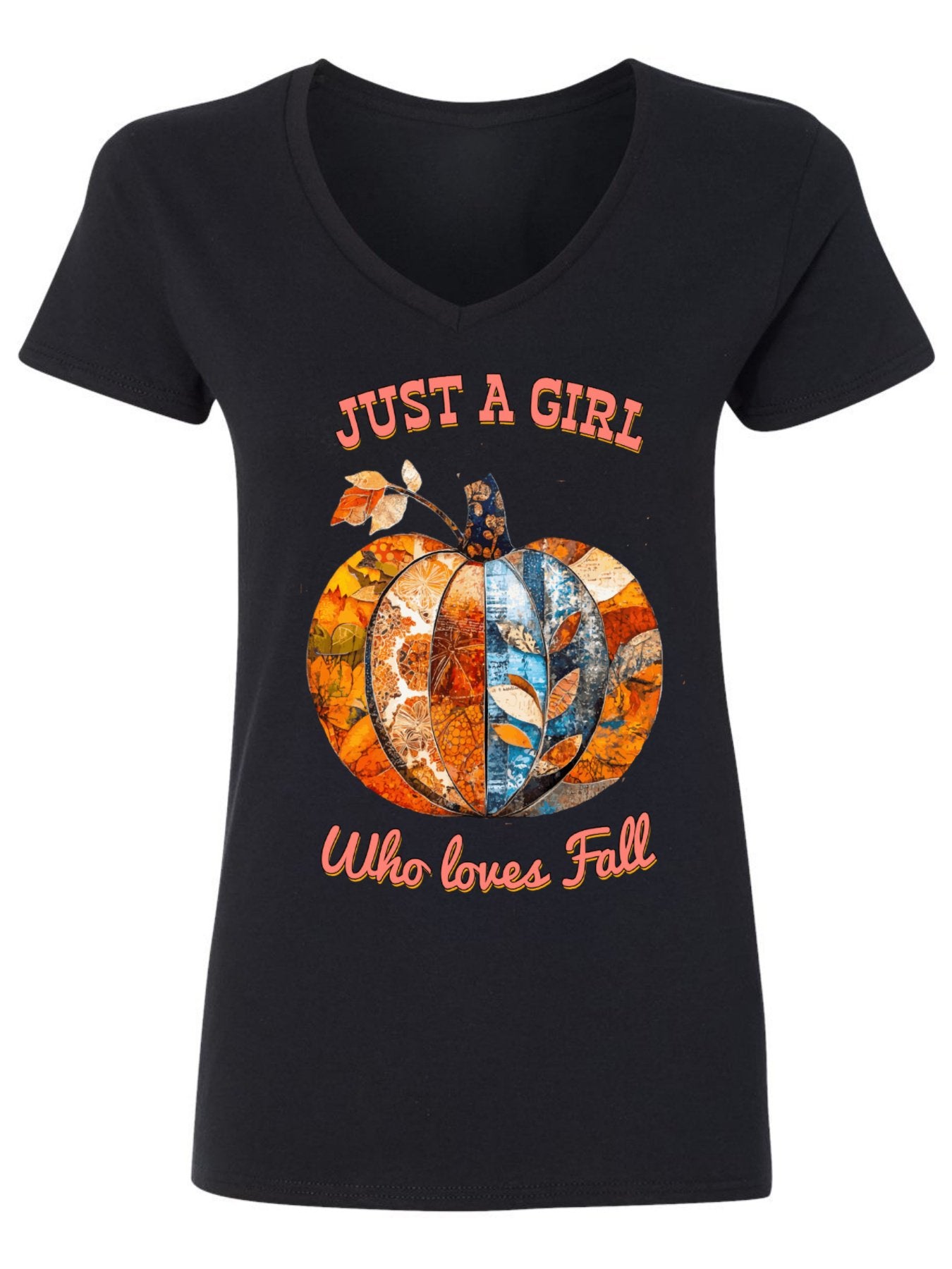 Just a Girl Who Loves Fall Pumpkins Cotton V-neck T-shirt for Women (Front Printing)