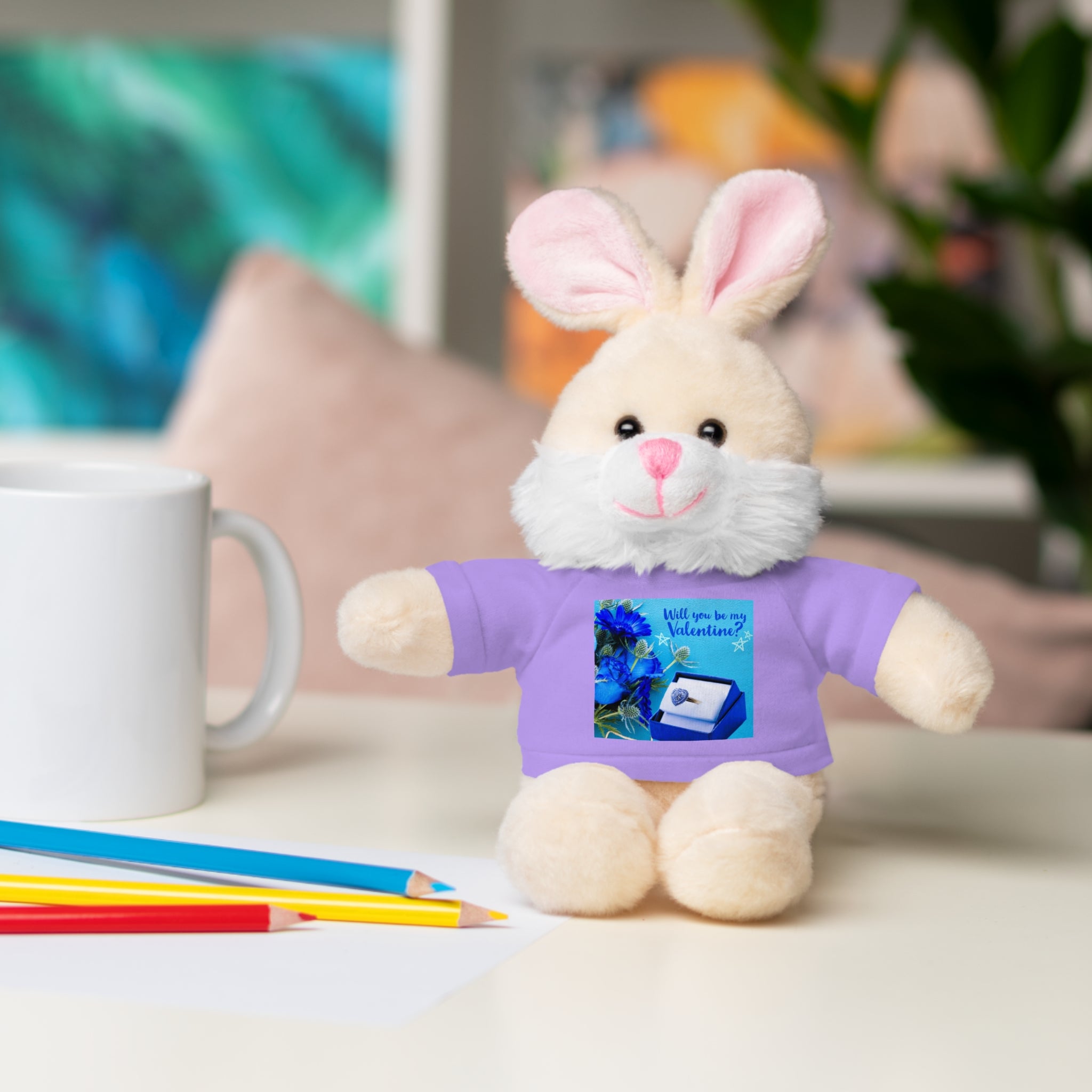 Will You Be My Valentine? Stuffed Animal wearing T-shirt