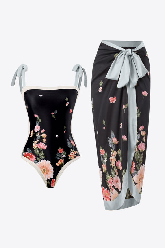 Black Floral Tie-Shoulder Two-Piece Swimsuit and Sarong