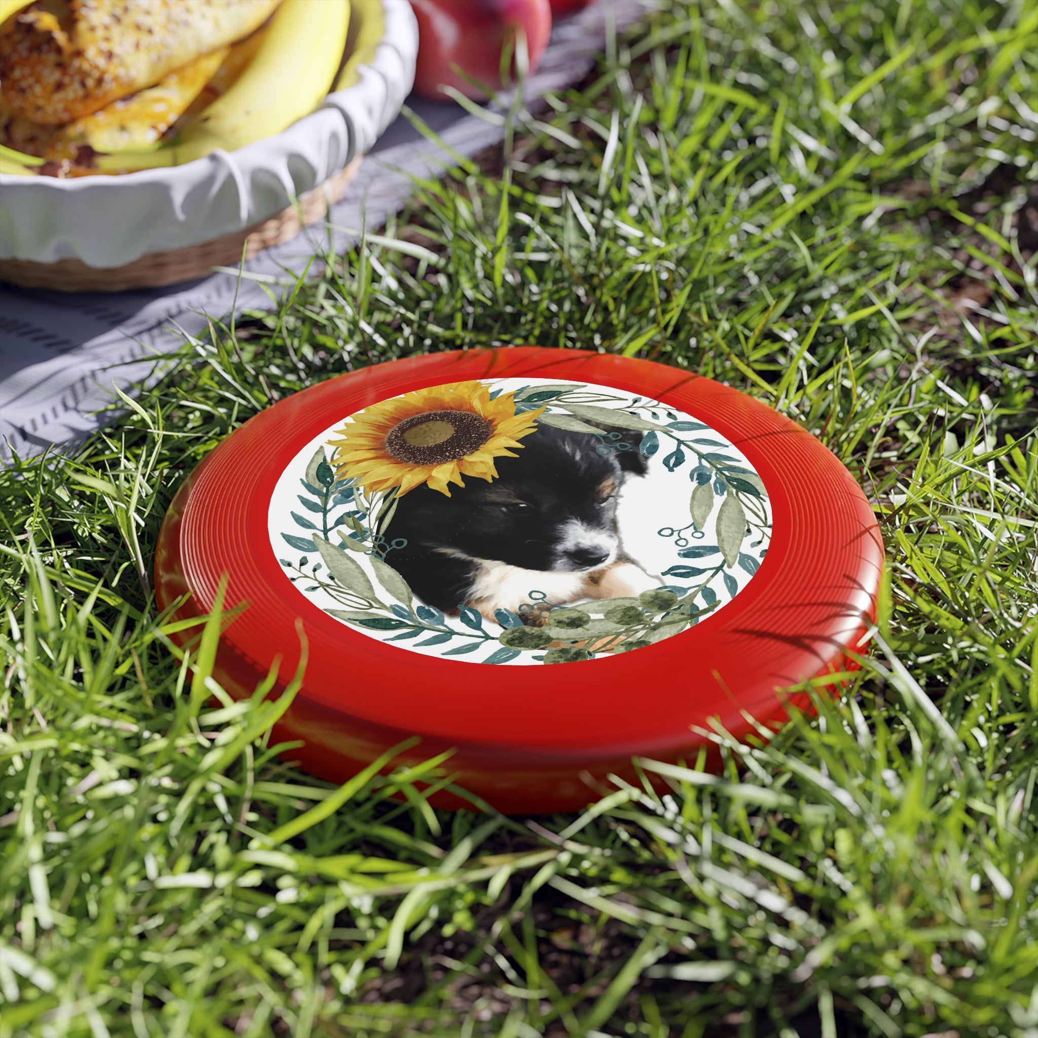 Cute Black Puppy with Sunflower Pattern Wham-O Frisbee