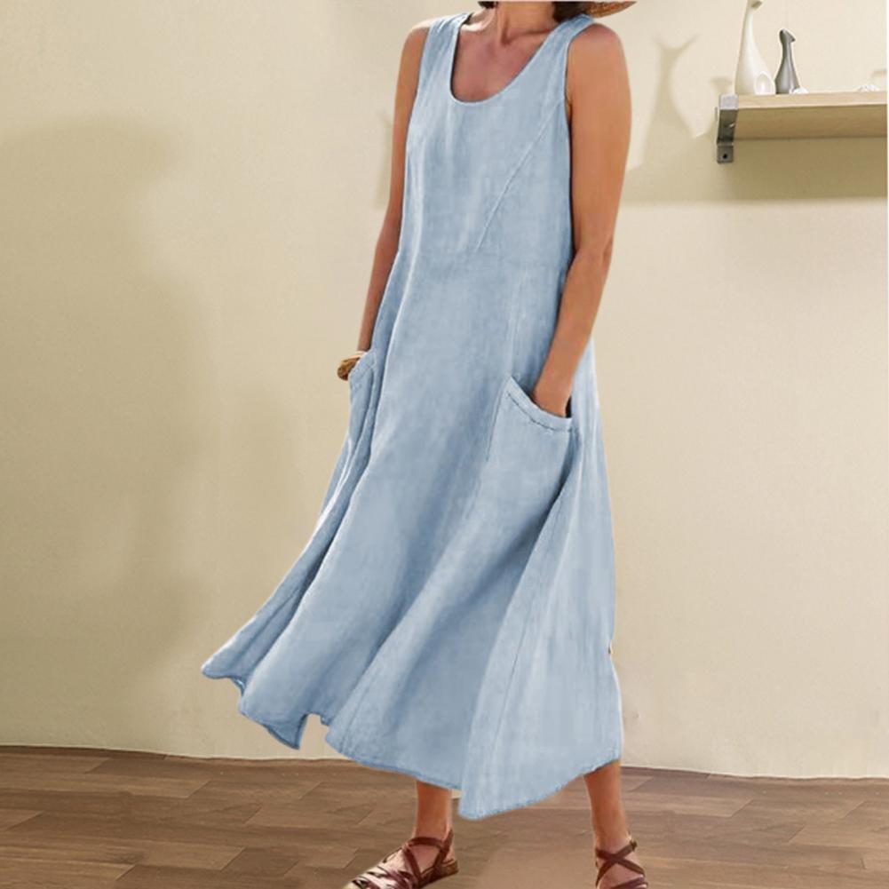 Women's Plus Size Summer Sleeveless Loose Maxi Dress With Pockets