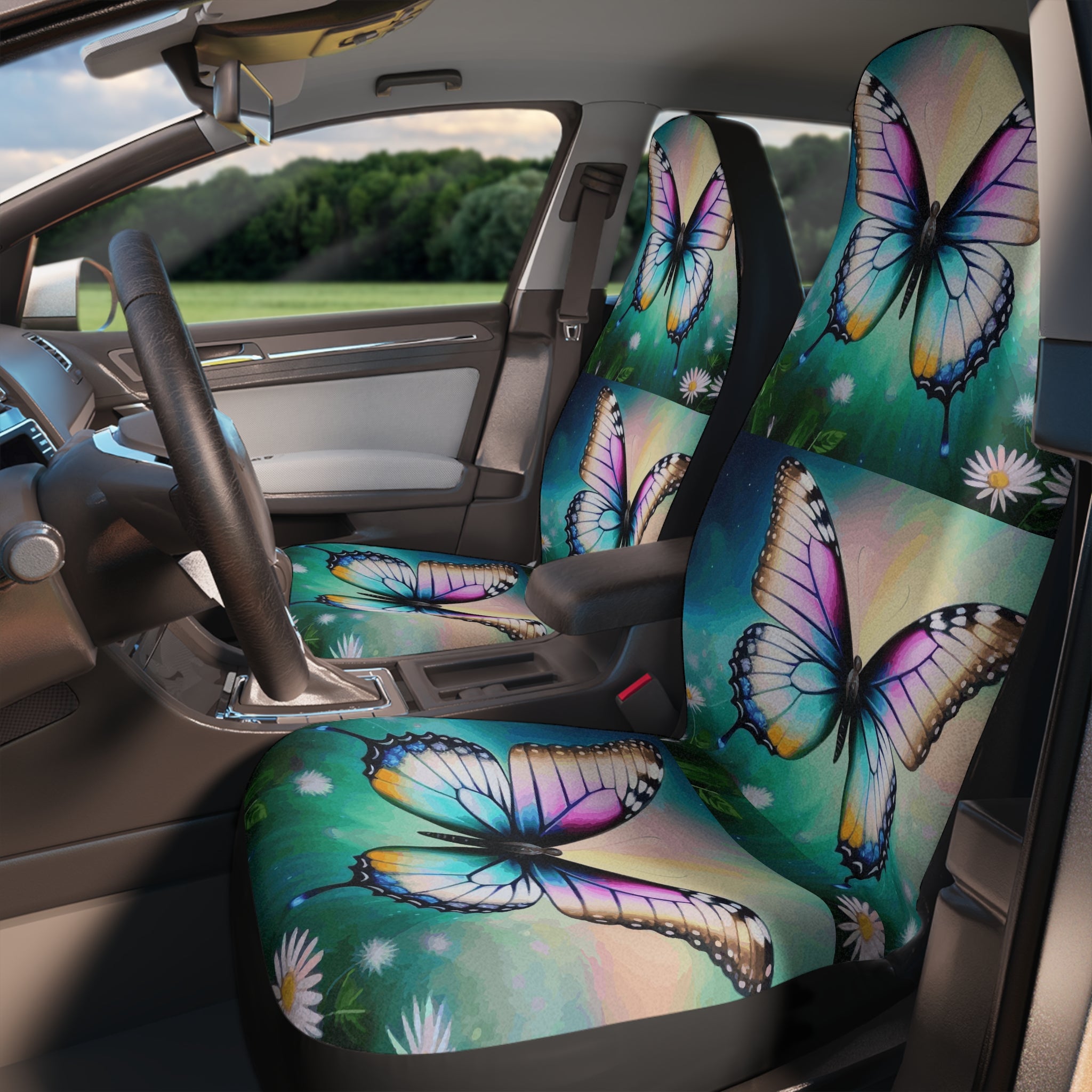 Hermosas fundas para asientos de automóvil con mariposas y margaritas