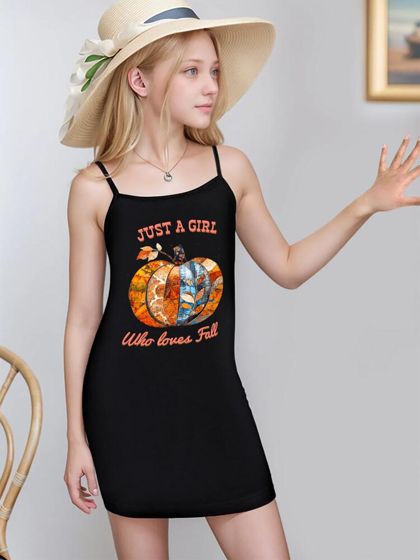 Just a Girl Who Loves Fall Pumpkins Girls' Dress with Shoulder Straps (Front Printing)