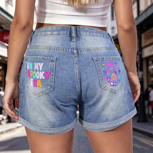 Retro Halloween Neon Ghost Light Blue Denim Shorts with Dual Pockets Design