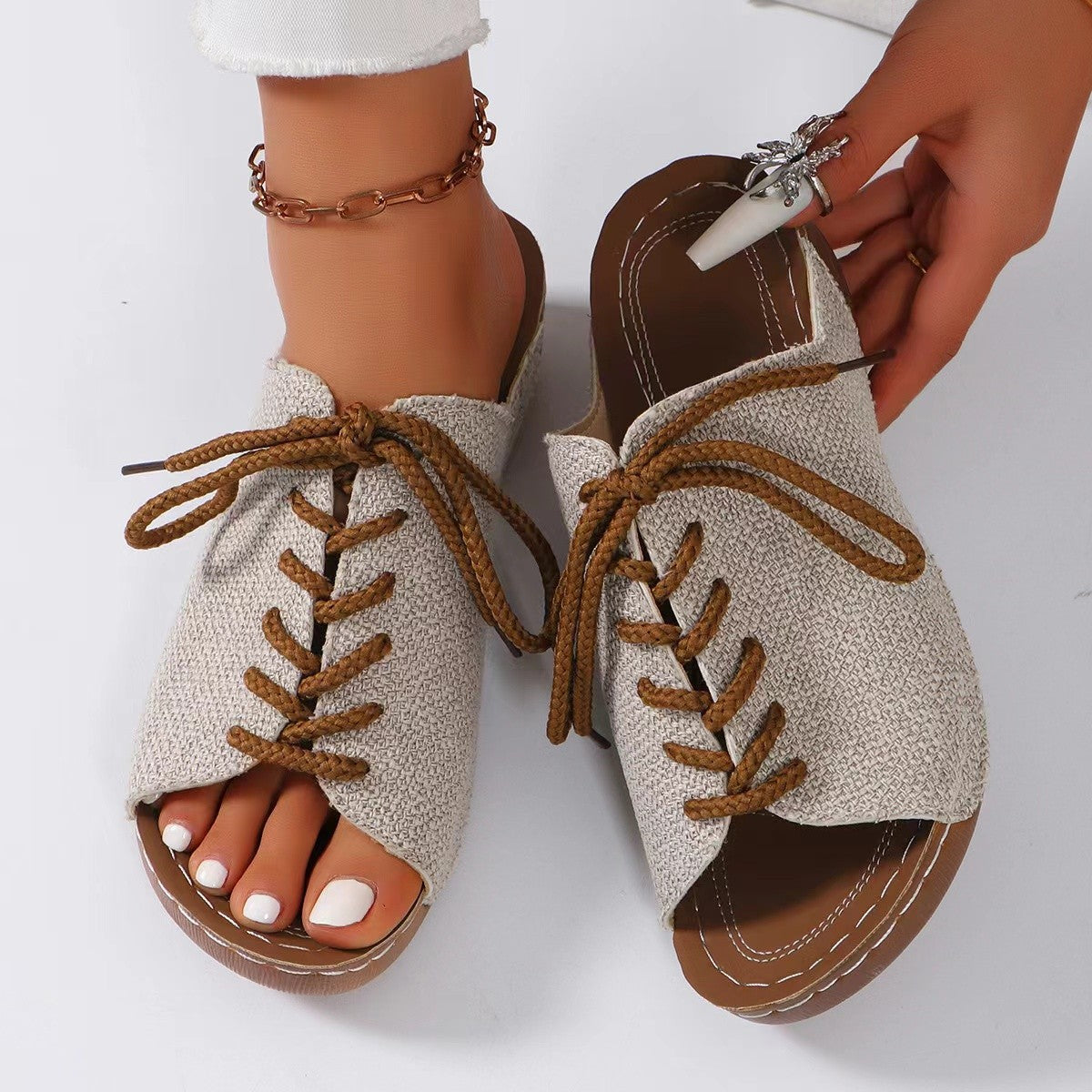 Women's Beige Lace-Up Open Toe Wedge Sandals