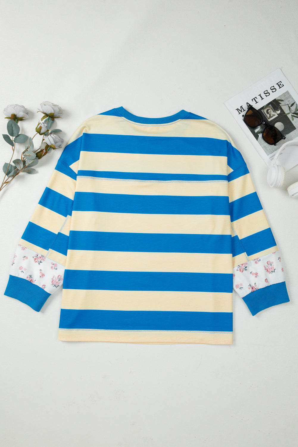 Women's Plus Size Blue Stripe Colorblock Drop Shoulder Top