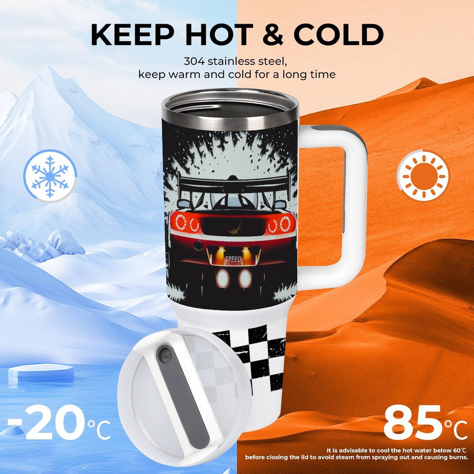 Fast Race Car 40oz Stainless Steel Insulated Tumbler with Handle & Lid (Made in USA)