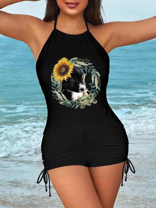 Cute Black Puppy Tankini Swimsuits with Shorts for Women (Front Printing)