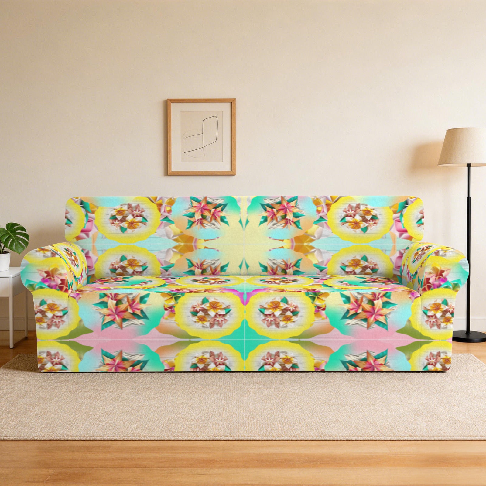 Circle Floral Pastel Pattern 3-Seater Sofa Cover | Ships from USA
