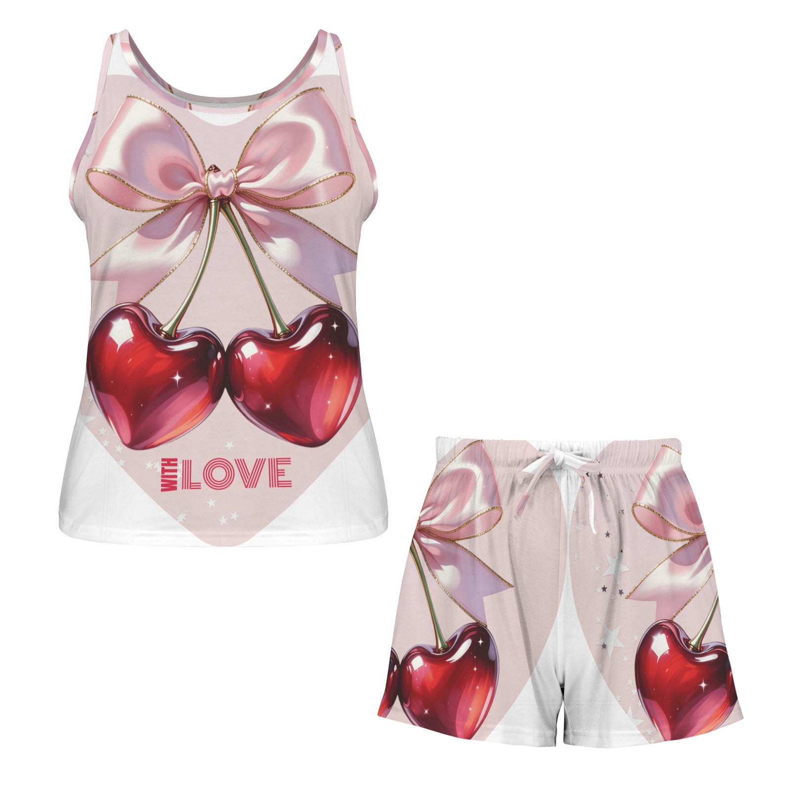 Red Cherries in Pink Hearts Women's Shorts Pajama Set (Made in USA)