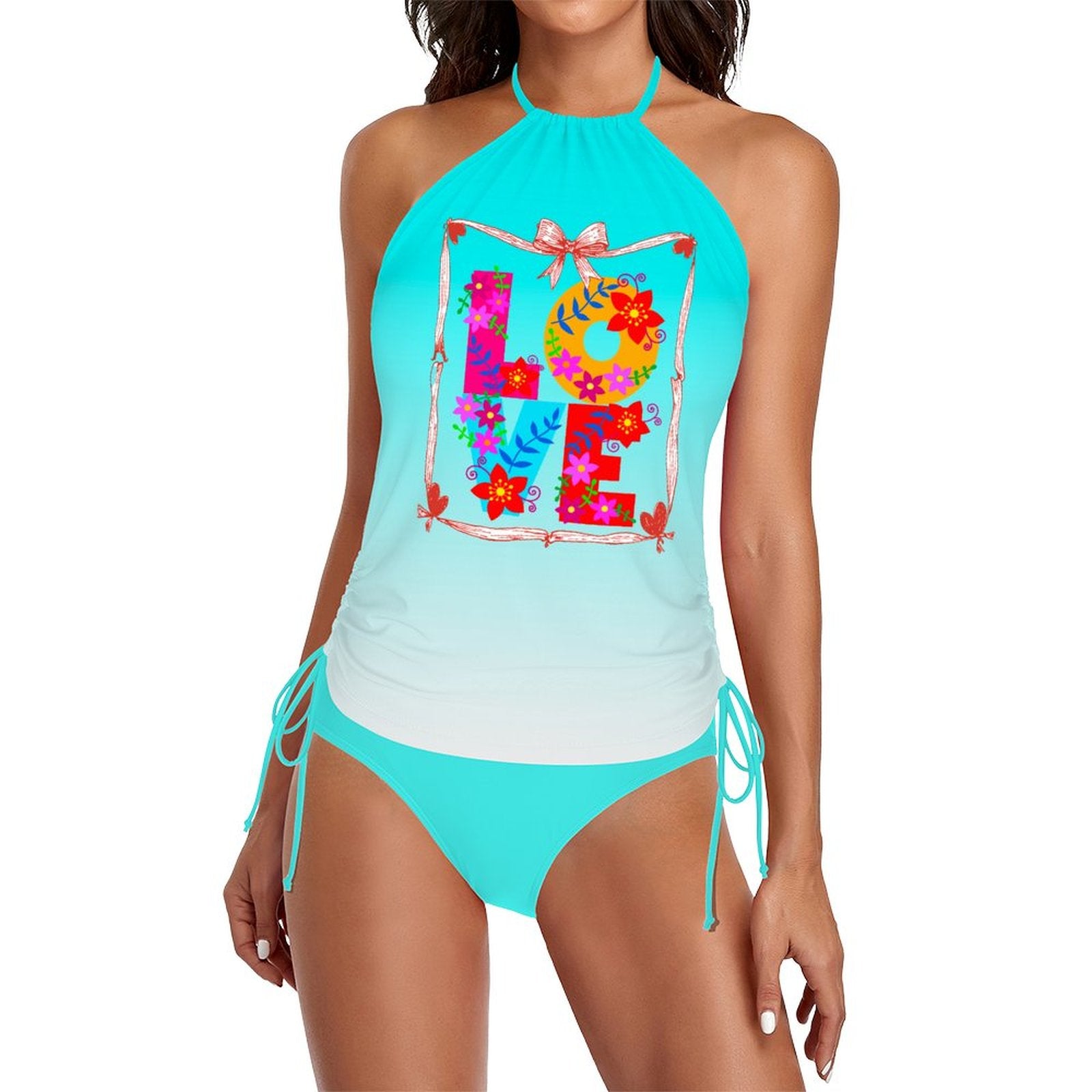 Floral LOVE Halter High Neck 2-Piece Swimsuit Set for Women (Front Printing)