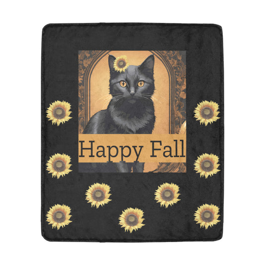 Happy Fall Black Cat with Sunflowers Ultra-Soft Micro Fleece Blanket 50" x 60"(Made in USA)