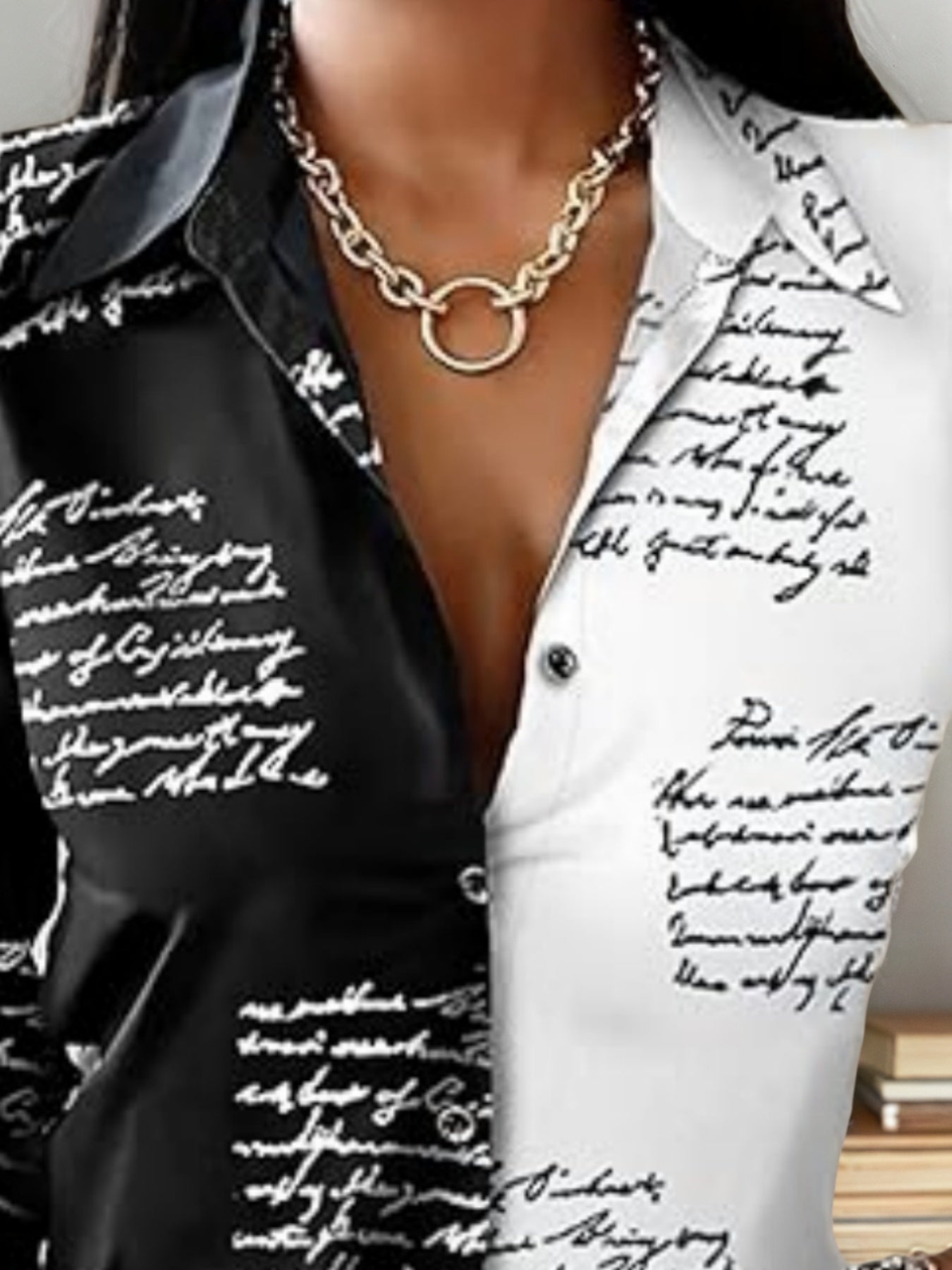 Women’s Black & White Cursive Text Casual Long Sleeve Button Front Blouse