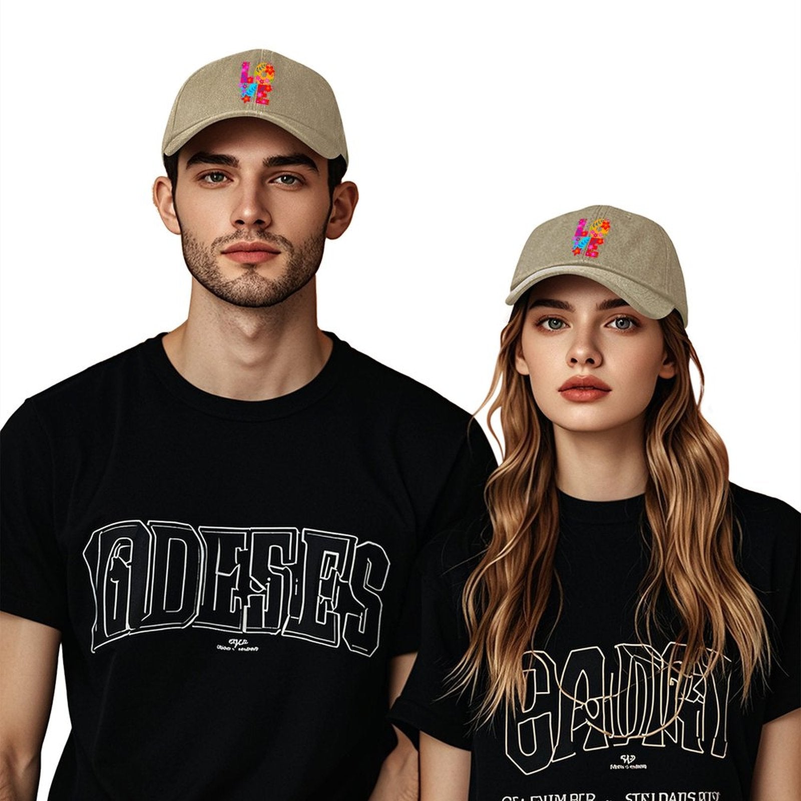 Floral LOVE Cotton Vintage Washed Denim Baseball Cap (Front Printing)