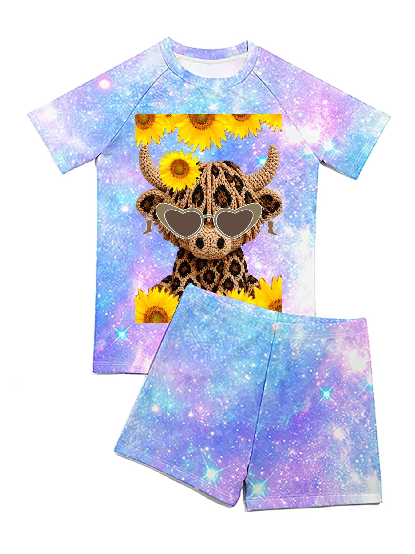 Yarn Highland Calf with Sunglasses Short Sleeved Swimsuit for Children (Front Printing)