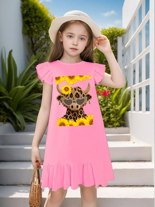 Yarn Highland Cow with Sunflowers Flutter Sleeve Dress for Girls