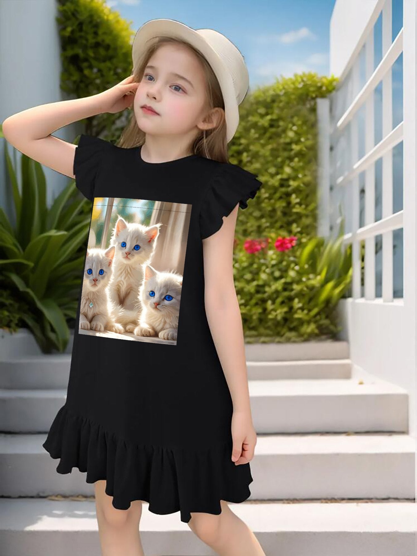 Fluffy White Kittens with Blue Eyes Flutter Sleeve Dress for Girls (Front Printing)