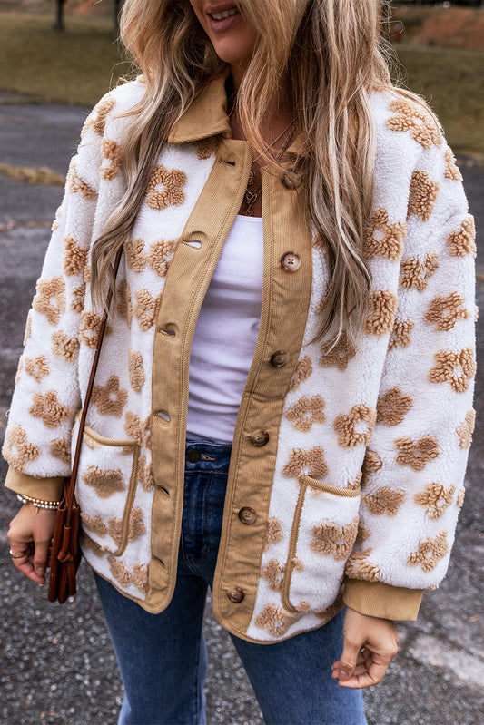 Beige Floral Button-Up Fleece Pocketed Jacket