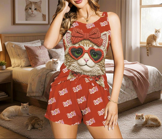 Cool Yarn Cat with Love Women's 2-piece Tank Top Pajama Shorts Set (Made in USA)
