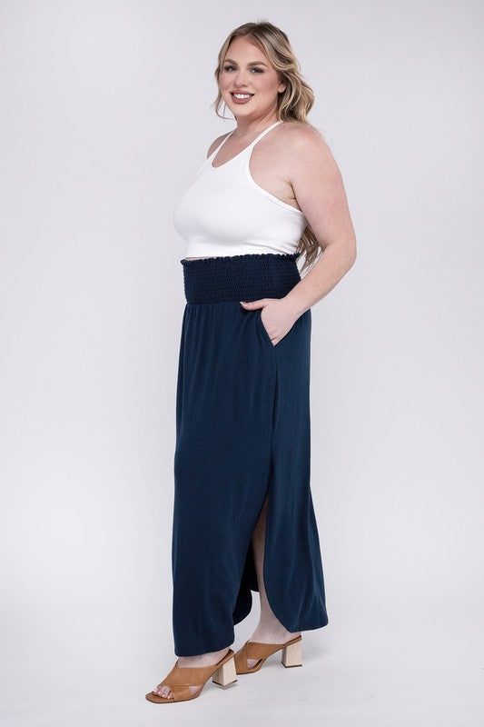 Plus Smocked Waist Side Slit Maxi Skirt w/ Pockets