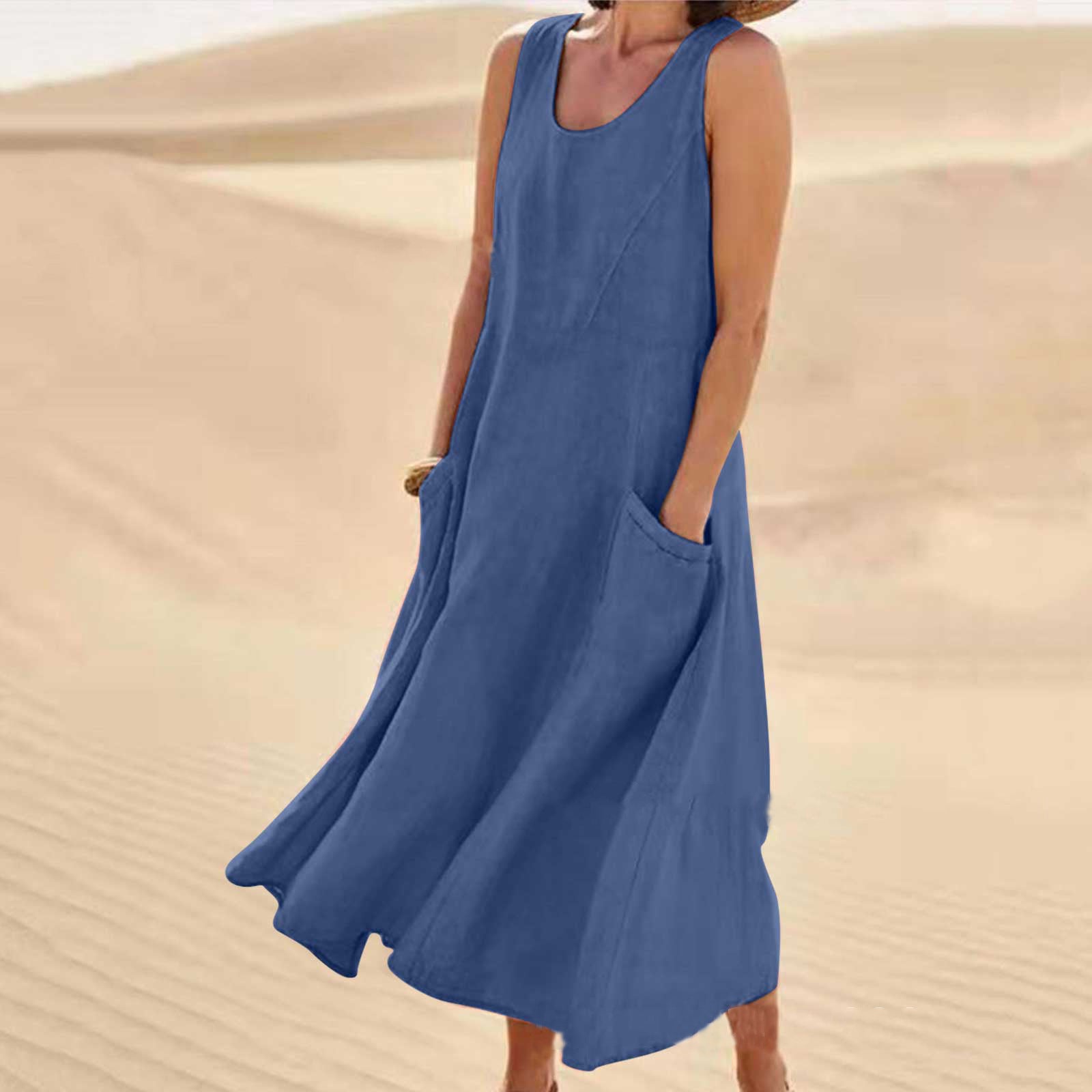 Women's Plus Size Summer Sleeveless Loose Maxi Dress With Pockets