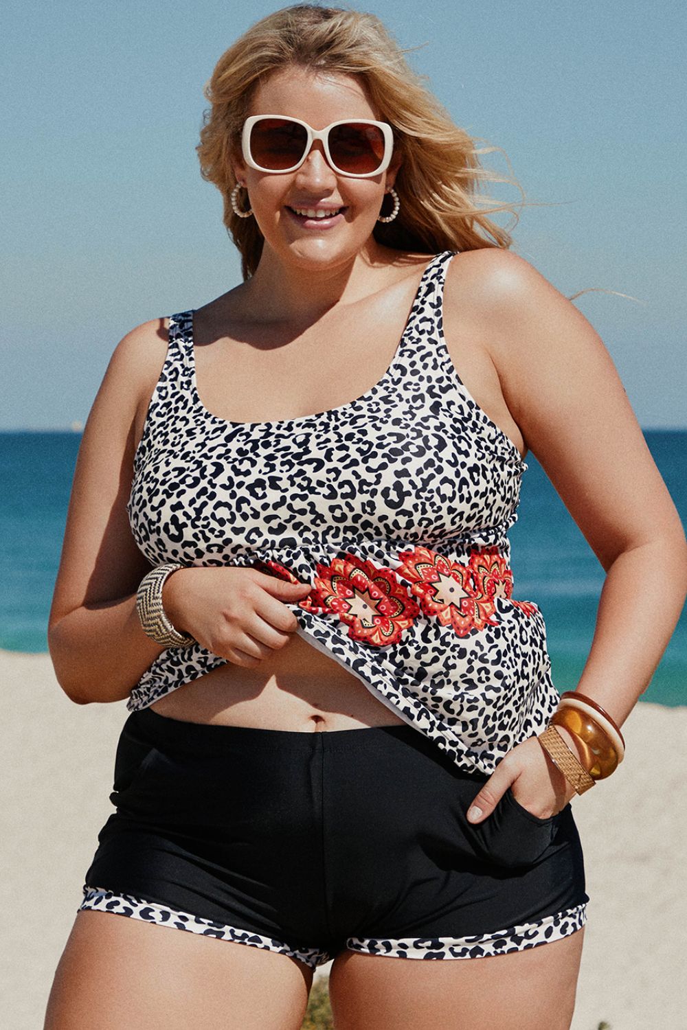 Women's Plus Size Leopard Print 2-Piece Swimsuit with Pockets