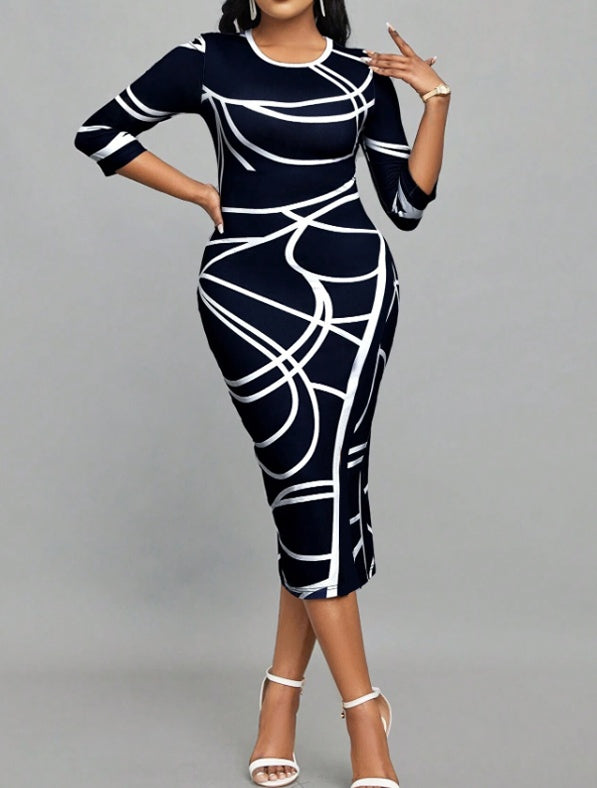 Ladies' Casual Printed Dress - Round Neck Women's Casual Dress