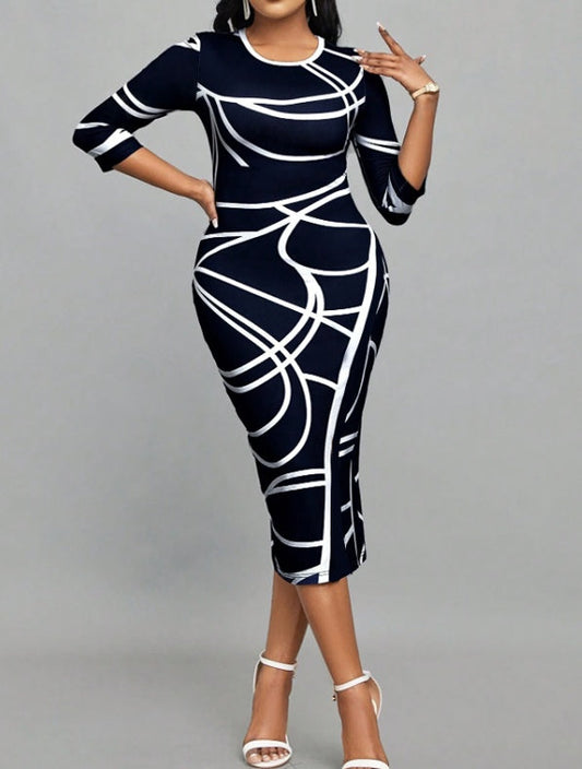 Ladies' Casual Printed Dress - Round Neck Women's Casual Dress