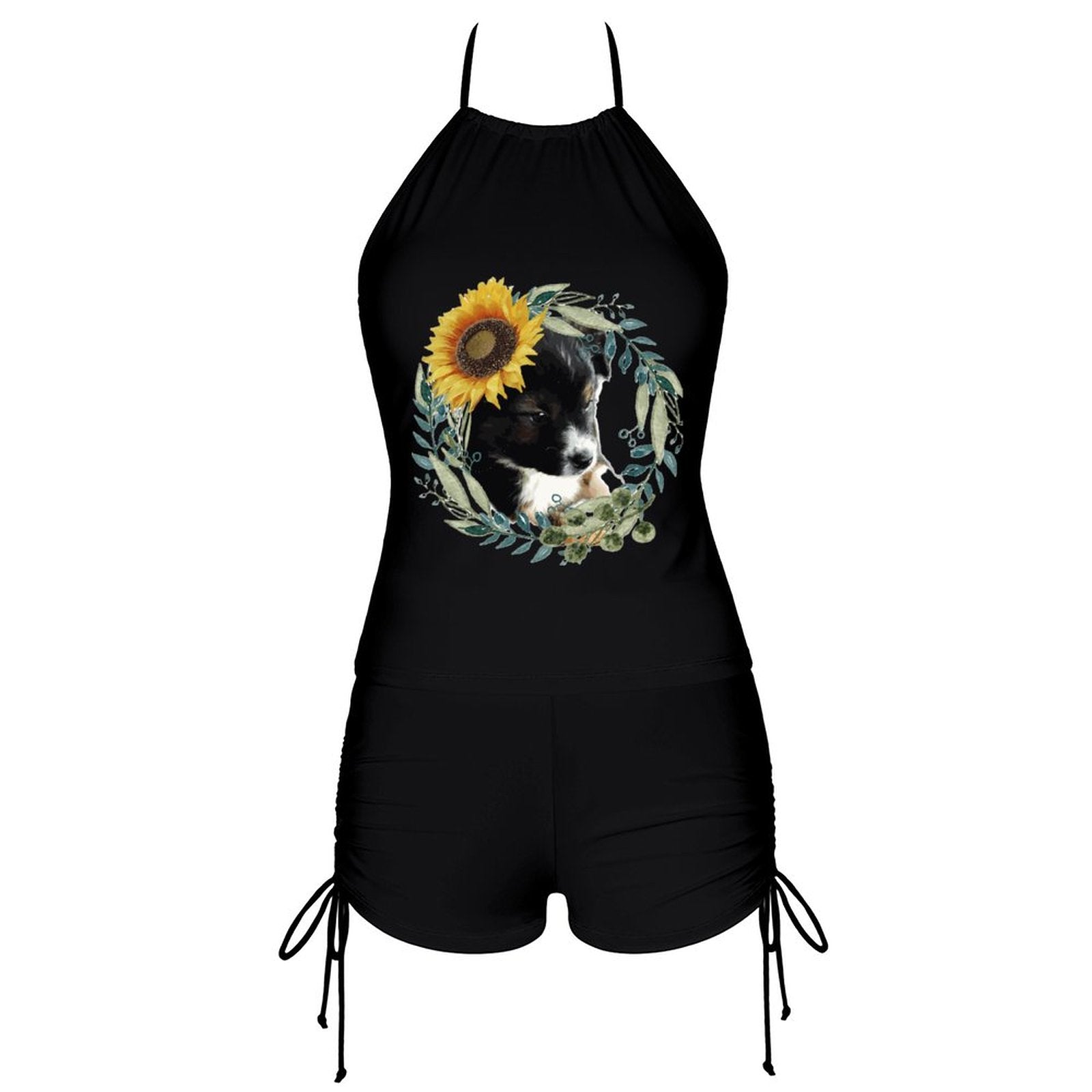 Cute Black Puppy Tankini Swimsuits with Shorts for Women (Front Printing)