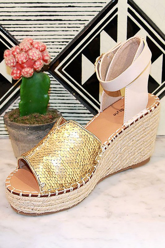 Women's Berlin Platform Espadrille Wedge Gold Sandals with Ankle Straps