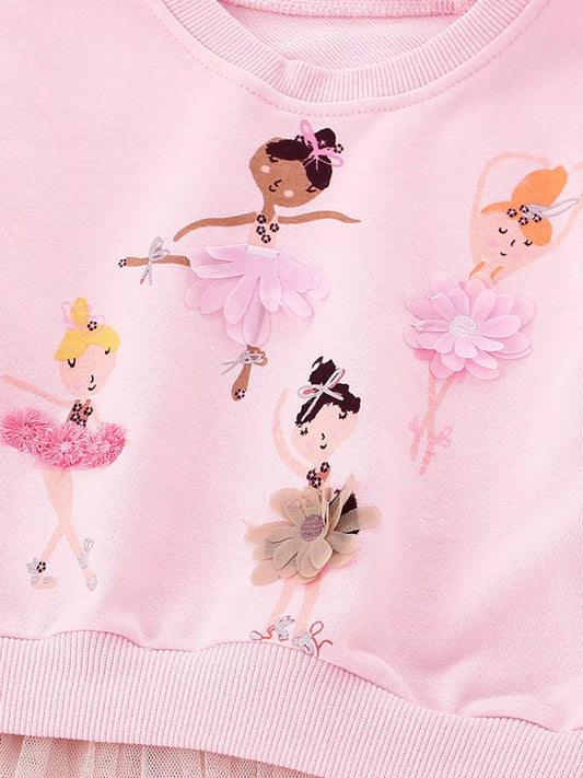 Children's Pink Ballerina Applique Crewneck Sweatshirt with Tulle Hem