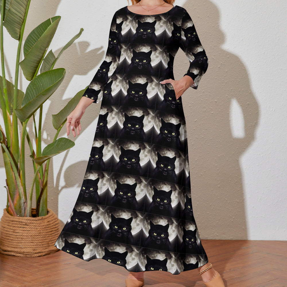 Black Cat Plus Size Loose Crew Neck Long Sleeve Maxi Dress