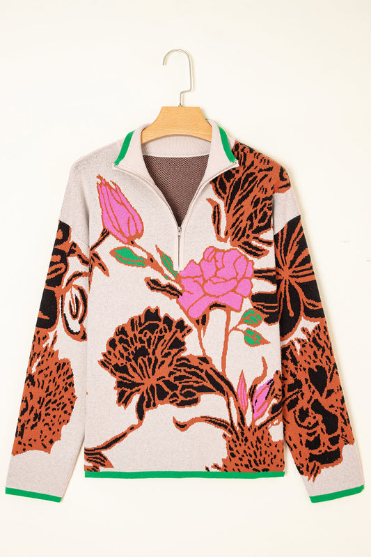 Women's Floral Knit Quarter-Zip Long Sleeve Sweater