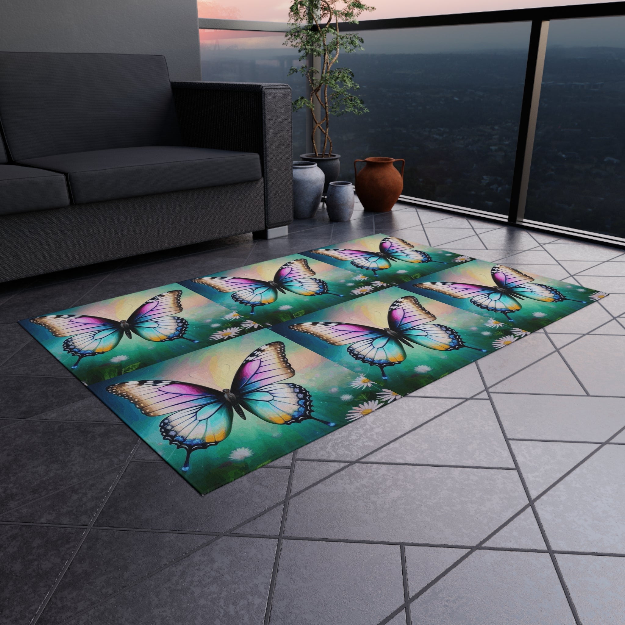 Hermosa alfombra de exterior con mariposas y margaritas en 3 tamaños diferentes