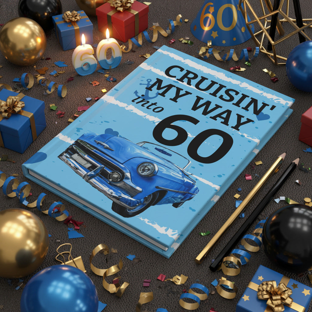 Cruisin' My Way into 60 Hardcover Journal | Vintage Blue Car Birthday Notebook