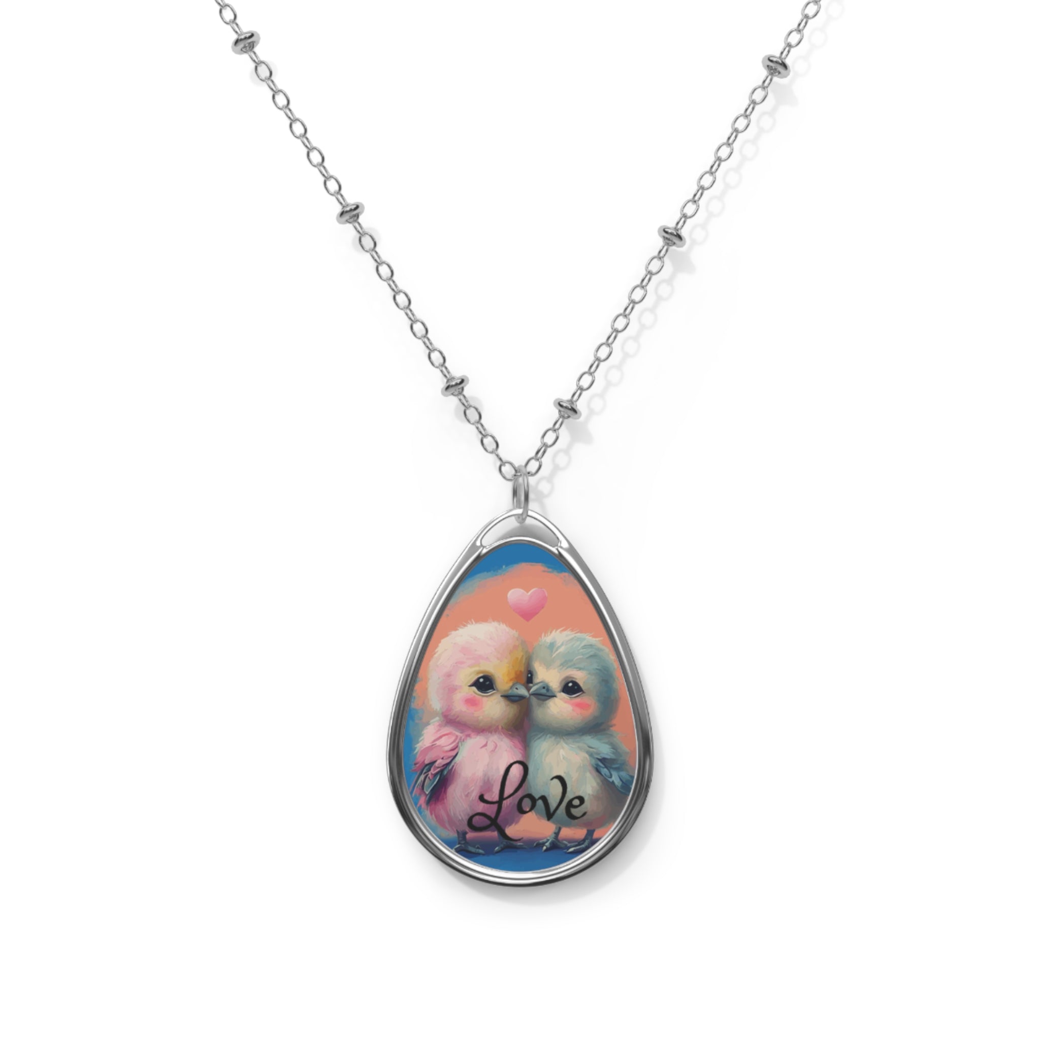 Pink and Blue Love Birds Oval Necklace