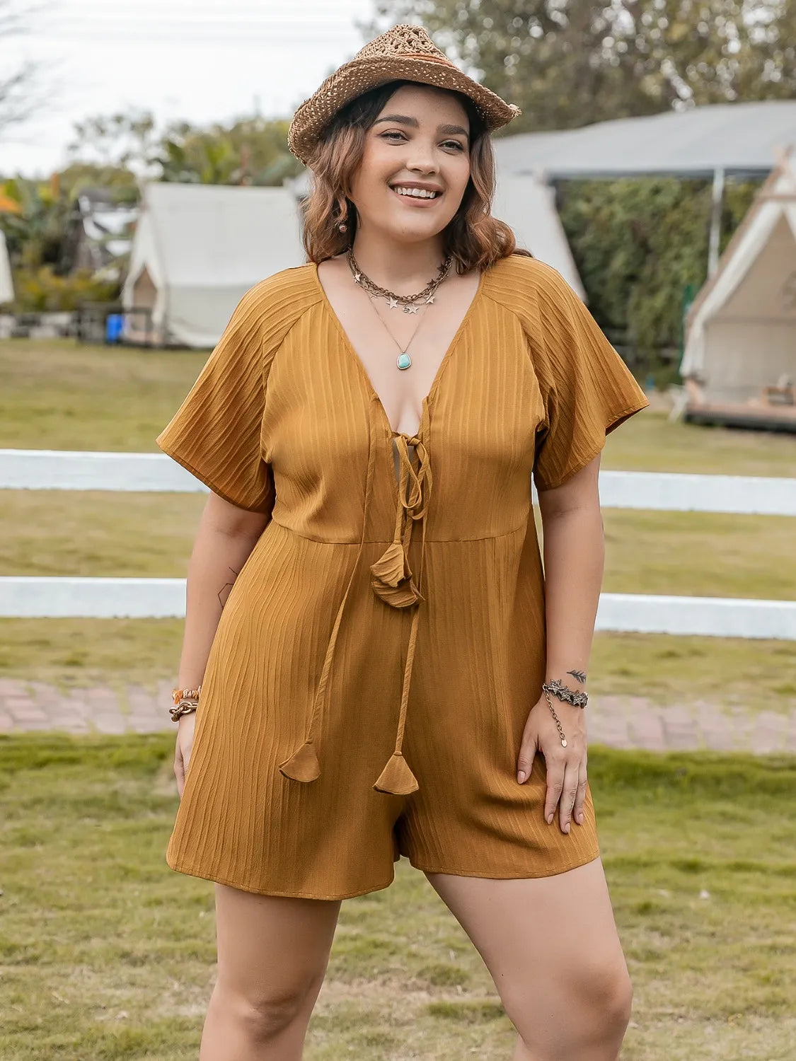 Mustard Plus Size V-Neck Short Sleeve Romper