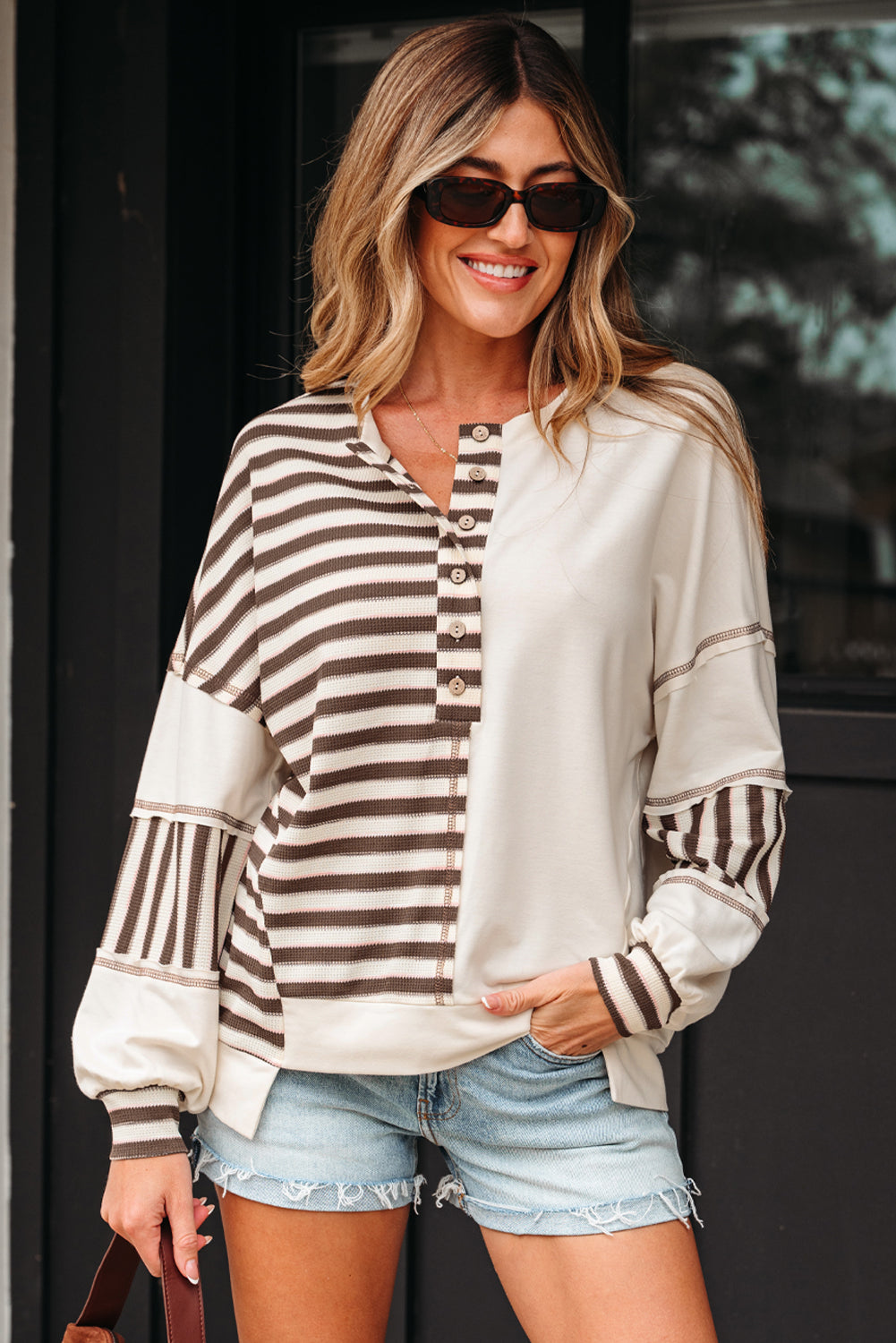 Women's Stripe Patchwork Long Sleeve Henley Top