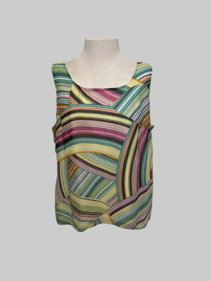 Multicolored striped tank top on a mannequin against a gray background