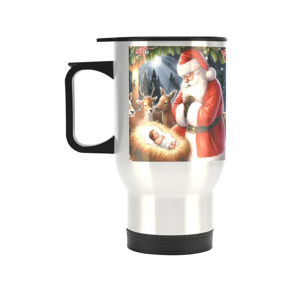 Santa with Baby Jesus Silver Travel Mug Tumbler - 14 oz (Made in USA)