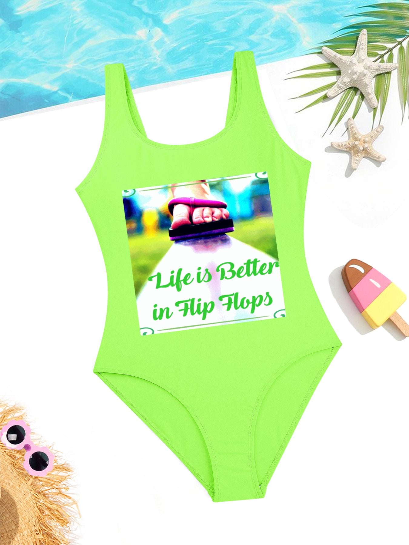 Life is Better in Flip Flops Girls' Summer One-Piece Swimsuit with Front Printing