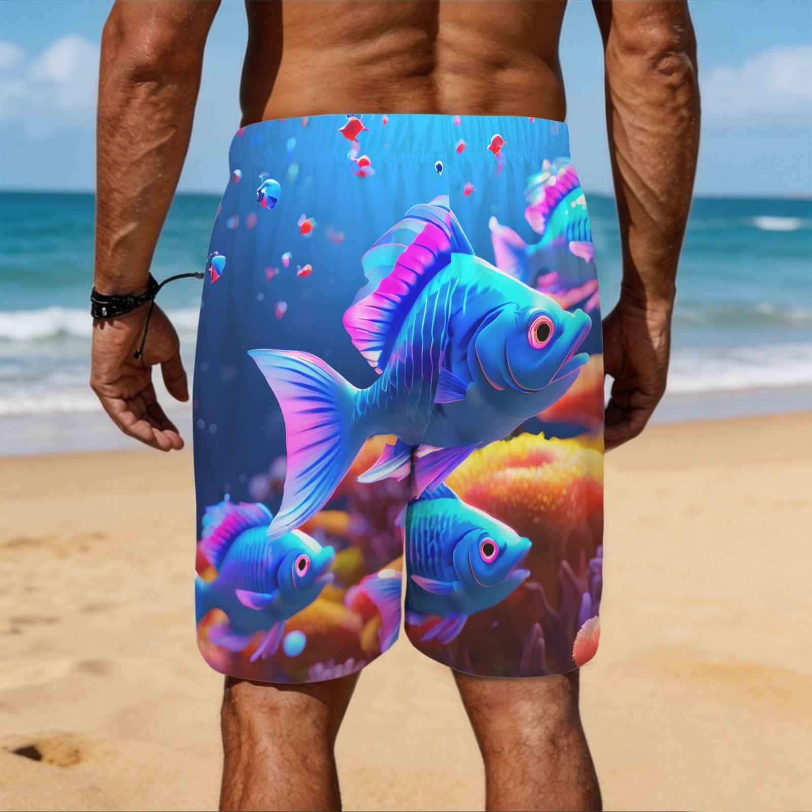 Blue Fishes Men's All Over Print Elastic Beach Shorts