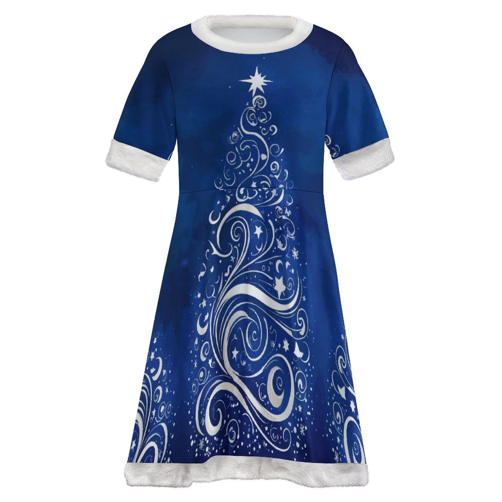 Girl's Blue Velvet Christmas Tree Mid-length Dress