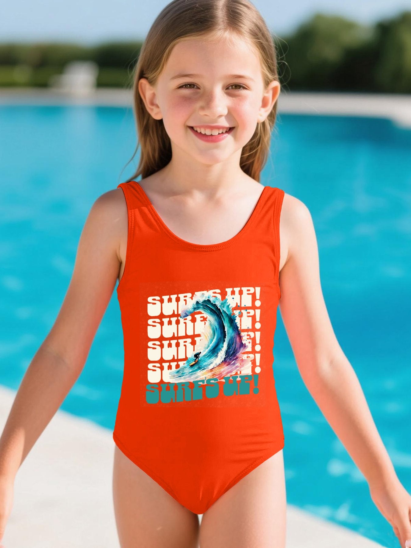 Surf's Up Girls' Summer One-Piece Swimsuit (Front Printing)