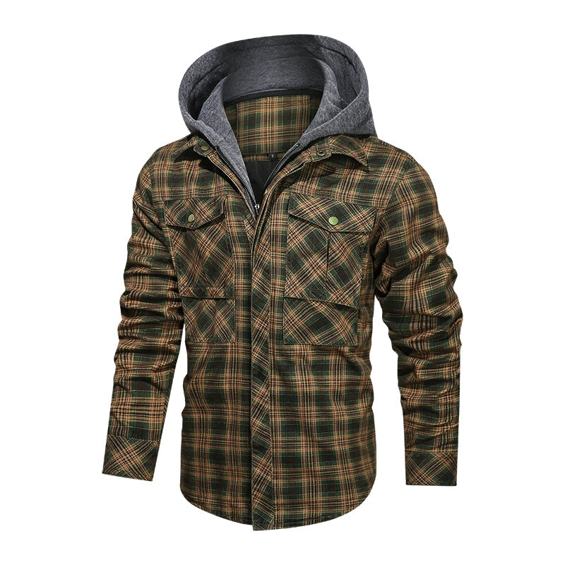 Men's Plaid Fleece Lined Detachable Hood Jacket