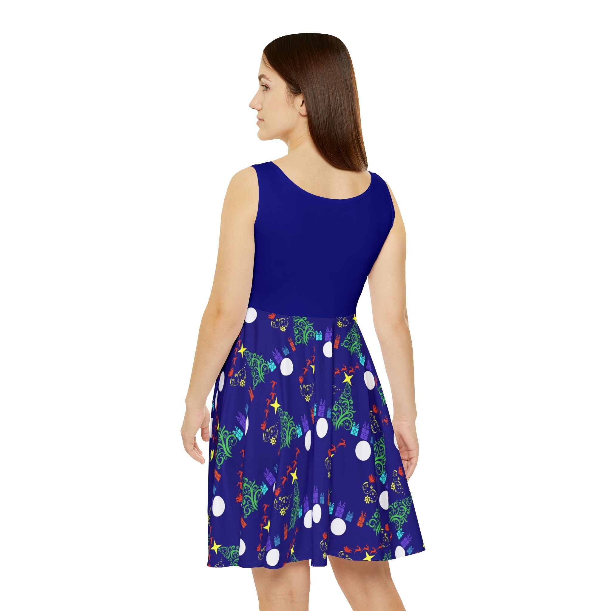 Women's Blue Christmas Santa Printed Skater Dress