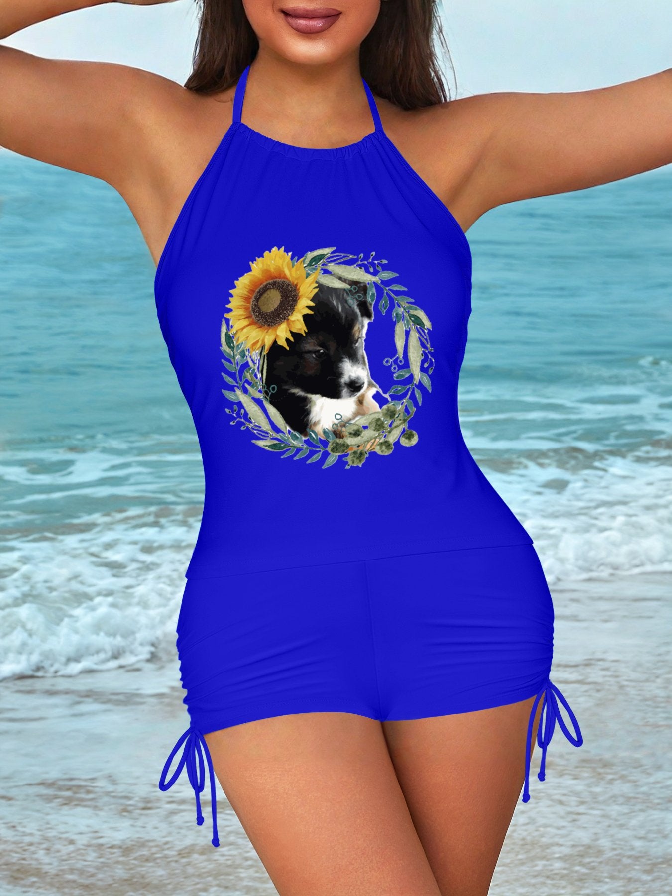 Cute Black Puppy Tankini Swimsuits with Shorts for Women (Front Printing)