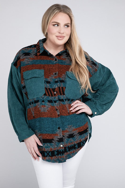 Women's Plus Size Printed Button Down Long Sleeve Jacket