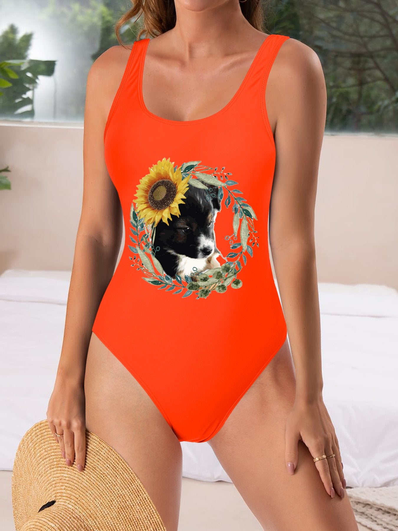 Cute Black Puppy One-Piece Swimsuit for Women (Front Printing)