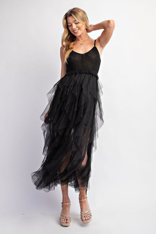 Lovely Tulle Crochet Top Midi Dress with Spaghetti Straps